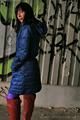 Blue Downcoat, purple Leggings, red Overknee Boots - Picture Series