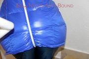 Jill tied, gagged and hooded in a stairway with cuffs wearing a sexy blue PAMY jacket and a rain pants (Pics)