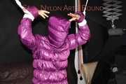 Sandra tied, gagged and hooded complete overhead with ropes and a clothgag wearing a sexy purple down jacket and a rain pant (Pics)