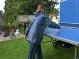 Watch Sandra playing Table Tennis in her oldschool Rainsuit