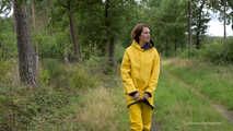 Miss Petra goes for a walk in friesennerz, yellow rain dungarees and rubber boots