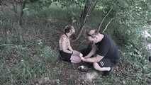 Blonde slave girl disgust challenge, pet training and feeding in the forest