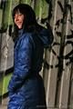 Blue Downcoat, purple Leggings, red Overknee Boots - Picture Series