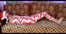 Bekki - Mummified for Christmas in red and white tape (video)