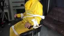 Sandra being tied and gagged on a hairdresser´s chair wearing sexy yellow shiny nylon rainwear being double hooded (Video)