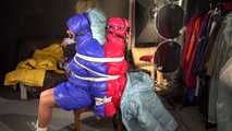 Watching sexy Stella and Sandra being tied and gagged ba Sophie on a stool with ropes and ballgags wearing sexy shiny nylon rainwear and downwear (Video)