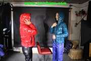 Ronja and Stella enjoy shiny nylon downwear with closed hoods (Pics)