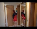 Sonja cleaning up the corridor wearing a very hot red shiny nylon shorts and an oldschool red/blue rain jacket (Video)