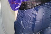 Jill wearing a supersexy blue shiny nylon rain pants and a supershiny rain jacket while taking a shower and enjoying the feeling of shaving cream on shiny nylon clothes (Pics)