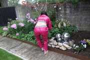 Watching Aiyana wearing supersexy pink shiny nylon rainwear while planting flowers in the garden (Pics)