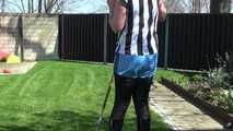 SEXY PIA in the garden with a sexy lightblue shiny nylon shorts over a black leggins and a top (Video)