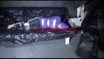 SANDRA tied and gagged with tape on a sofa wearing a sexy black shiny nylon pants and a purple rain jacket (Video)