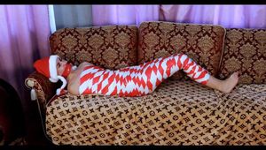 Bekki - Mummified for Christmas in red and white tape (video)