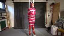 Lady M tied and gagged in shiny nylon Rainwear