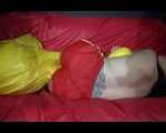 Watching Mara in a hot red shiny nylon shorts topless playing with shiny nylon linen (Video)