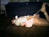 48 Yr OLD WAITRESS IS CLEAVE GAGGED, TOE TIED & HOG-TIED ON THE FLOOR (D32-3)