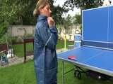 Watch Sandra playing Table Tennis in her oldschool Rainsuit