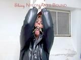 Pia tied, gagged and hooded in a cellar overhead wearing shiny nylon crazy sensation downwear in red and black (Pics)