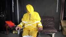 Sandra being tied and gagged on a hairdresser´s chair wearing sexy yellow shiny nylon rainwear being double hooded (Video)