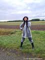 Our new model Miss Amira in Regatta nylon and tranparent rain suit handcuffed and gagged