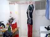 Pia tied, gagged and hooded in a cellar overhead wearing shiny nylon crazy sensation downwear in red and black (Pics)