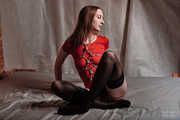 Hard tied shibari karada in red shirt and sexy stockings