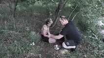 Blonde slave girl disgust challenge, pet training and feeding in the forest