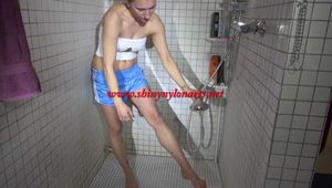 SEXY SANDRA in the shower with a sexy lightblue shiny nylon shorts and a top (Video)