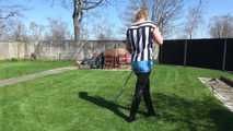 SEXY PIA in the garden with a sexy lightblue shiny nylon shorts over a black leggins and a top (Video)