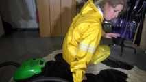 Pia wearing sexy yellow shiny nylon rainwear cleaning up the studio (Video)