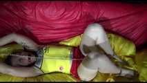 SEXY MARA ties and gagges herself with cuffs and a ball gag wearing a sexy red/yellow shiny nylon shorts and a sexy yellow top (Video)