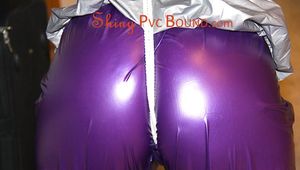 Sophie tied and gagged on the cellar stairs wearing a shiny purple PVC sauna suit (Pics)