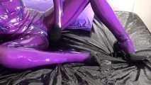 purple latex catsuit and high heels 