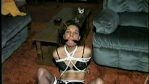 28 YR OLD MOM, IS MOUTH STUFFED, CLEAVE & TAPE GAGGED & CROTCH ROPED HOG-TIED WITH 50 FEET OF ROPE (D36-14)