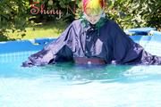 Mara sunbathing and swimming in the pool wearing sexy shiny nylon rainwear and a raincape (Pics)