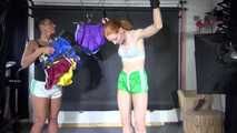 ***RONJA*** being tied and gagged overhead with ropes and a special combination of nylon over head and tape gagg from STELLA both wearing sexy shiny nylon shorts and tops (Video)