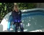 PIA wearing a hot black shiny nylon pants and a blue/black shiny down jacket taking a bath in the swimming pool (Video)