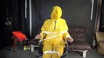 Sandra being tied and gagged on a hairdresser´s chair wearing sexy yellow shiny nylon rainwear being double hooded (Video)