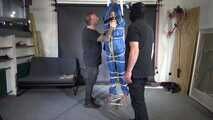 Ms ungeniert tied, gagged, suspended ind a shiny nylon Rainsuit and finally bullwhipped