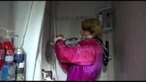 Sonja tied and gagged in and on  a shower wearing a supersexy oldschool pink/purple shiny nylon downwear combination (Video)