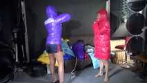 Watching sexy Stella and Sandra wearing a sexy shiny nylon shorts putting on several shiny nylon down jackets (Video)