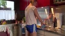 Watching ***OUR SEXY PIA*** wearing a sexy blue striped shiny nylon shorts and a white tshirt  posing for you in the kitchen doing her housework (Video)
