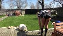 Watching Pia sweeping the terrace wearing a sexy black shiny nylon shorts, a striped top and black rubber boots (Video)