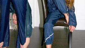 Sabrina and Katharina dressing themselves with shiny nylon AGU rainwear (Pics)