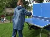 Watch Sandra playing Table Tennis in her oldschool Rainsuit