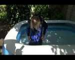 PIA wearing a hot black shiny nylon pants and a blue/black shiny down jacket taking a bath in the swimming pool (Video)