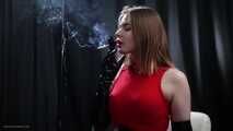 Long gloves, red dress, smoking two 100mm Reds