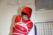 Mara tied, gagged and hooded in a cellar wearing sexy shiny nylon down pants and down jacket (Pics)