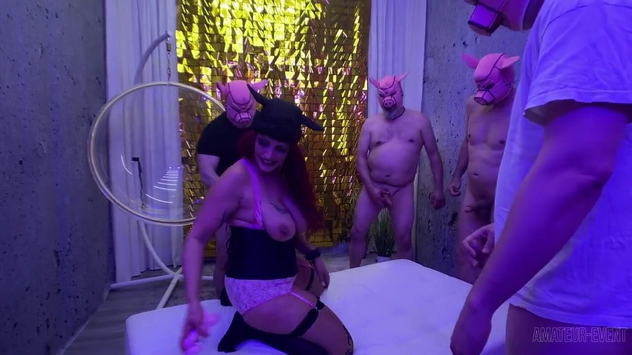 Pig gang fucks the milf sow