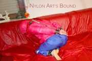 Sonja tied and gagged on a bar wearing a sexy blue shiny nylon rain pants and a pink down jacket (Pics)